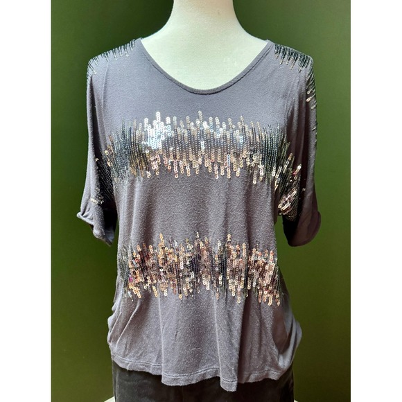 Y2K Dantelle Sequin Embellished Dolman Sleeve Gray T-Shirt Women's Size XL - Picture 1 of 8
